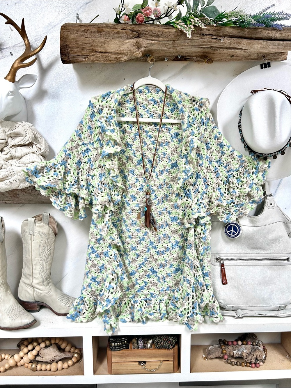 Artisan cocoon shrug kimono Crochet Ruffle Cover up w cottage granny vibe